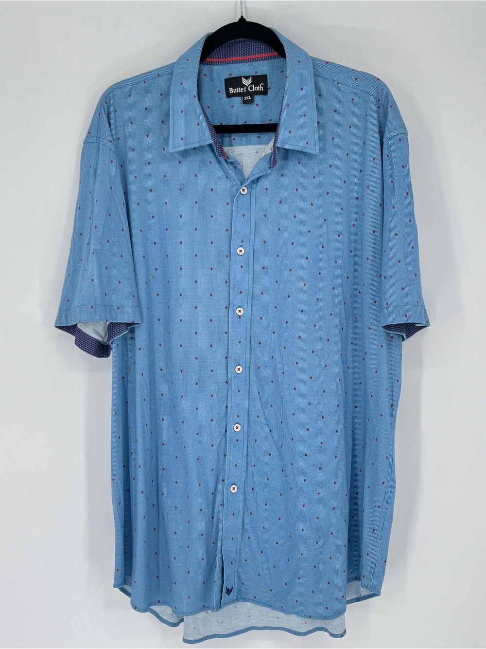 Butter Cloth Shirt Men 3XL Red Geometric Print Button Up Short Sleeve Logo